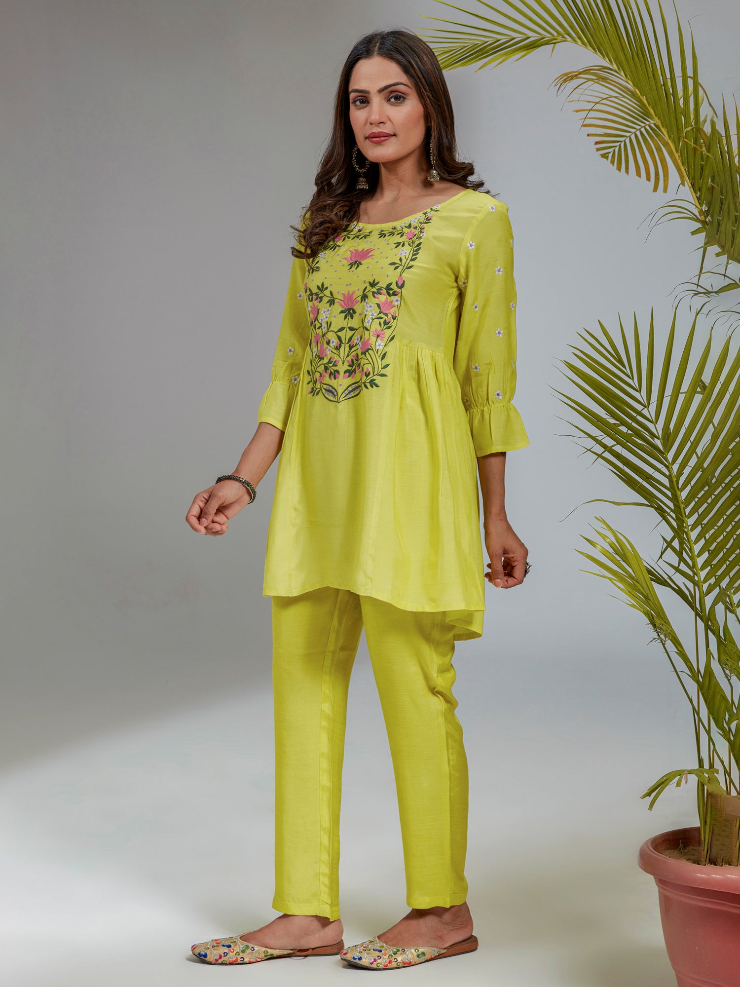 Lime Yellow Solid Muslin Embroidered Co-Ord Set